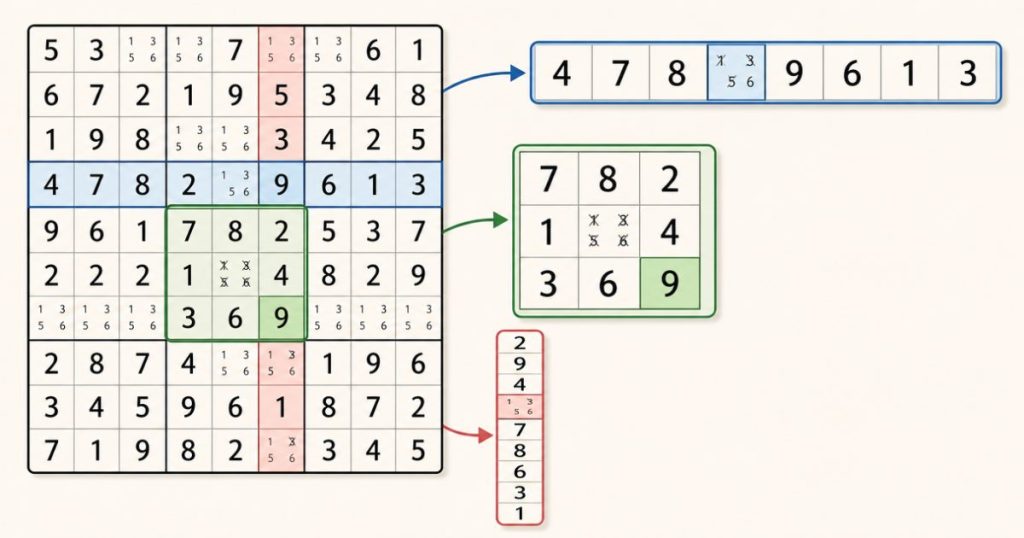 A Sudoku hidden single found using row, column, and box constraints