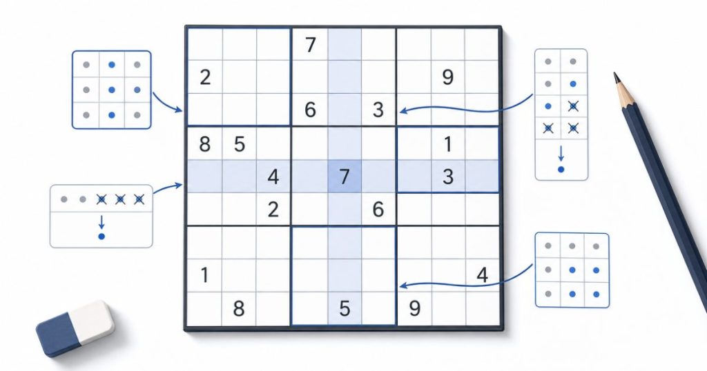 Partially filled Sudoku grid with highlighted areas for finding opening moves
