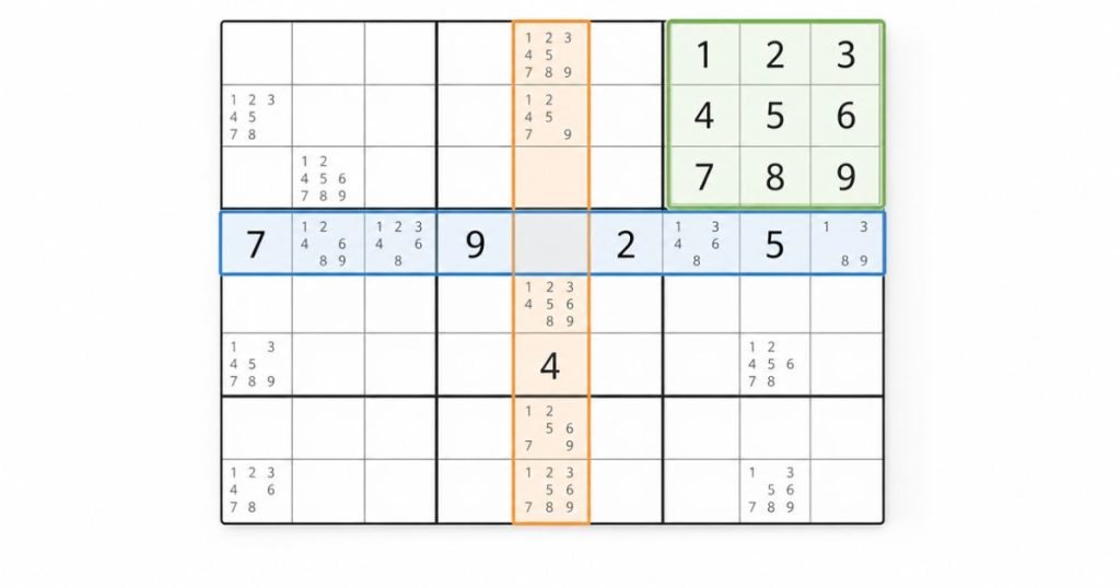 Sudoku grid with a nearly complete box, row, and column highlighted