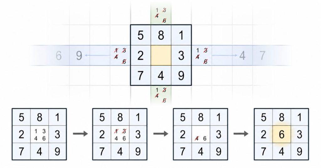 Candidate elimination across a Sudoku row, column, and box