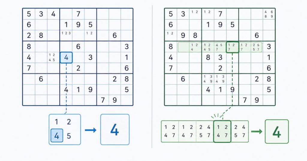 Comparison of a naked single and a hidden single in Sudoku
