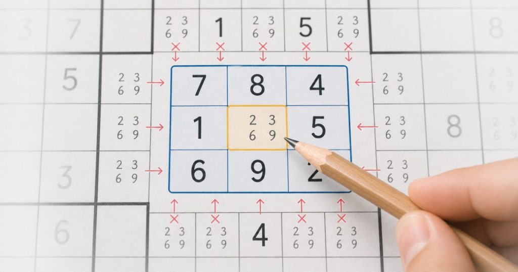 Candidate numbers narrowed down in a Sudoku cell