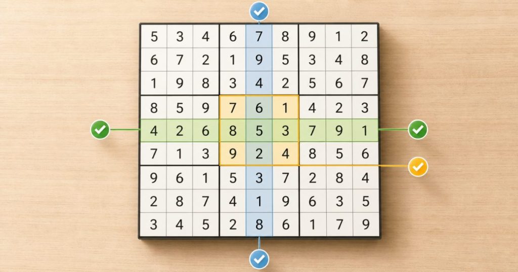 Sudoku rows, columns, and 3x3 boxes highlighted on a puzzle grid