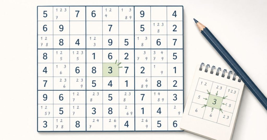 Sudoku grid showing candidate notes and a logical placement