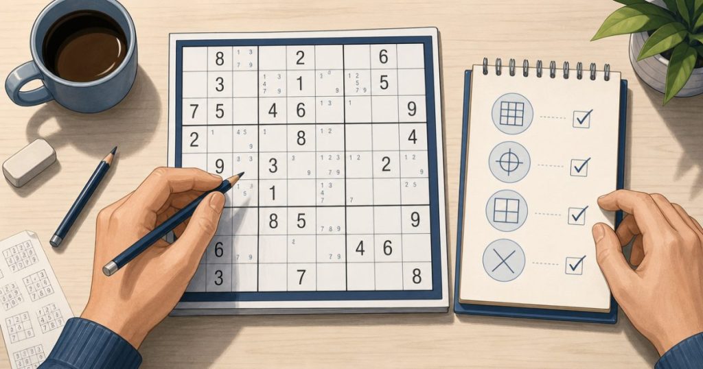 A player reviewing Sudoku notes before making the next move