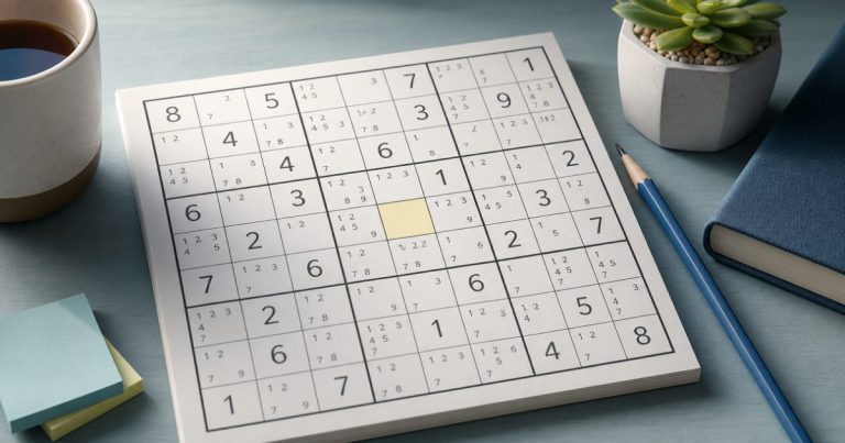 A partially solved Sudoku grid with candidate notes and one highlighted empty cell