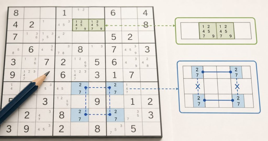 Sudoku candidate notes showing a pair and an advanced pattern